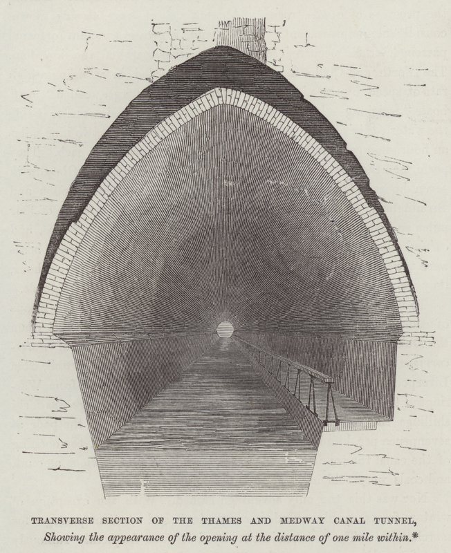 Tværgående sektion af Thames og Medway Canal Tunnel (gravering) af English School