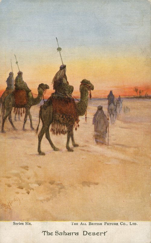 Rejsende i Sahara-ørkenen (farve litho) af English School