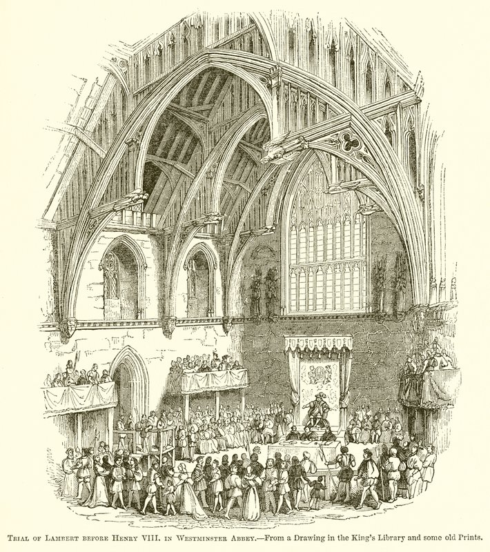 Retssagen mod Lambert før Henry VIII i Westminster Abbey af English School