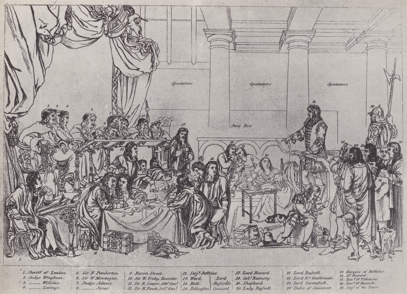 Retssag mod Lord William Russell (litho) af English School