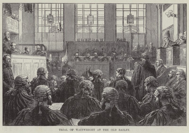Retssagen mod Wainwright ved Old Bailey (gravering) af English School
