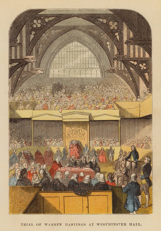 Retssagen mod Warren Hastings i Westminster Hall (koloreret stik) af English School