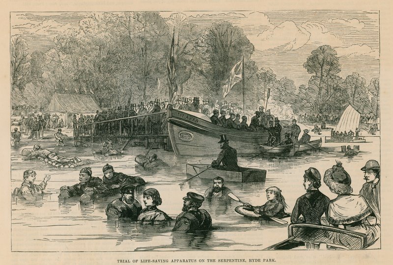 Forsøg med livreddende apparater på Serpentine, Hyde Park, London af English School