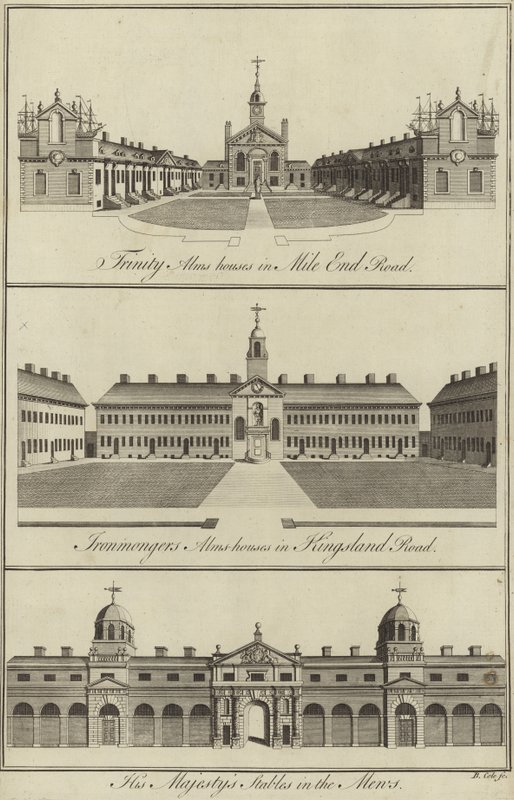 Trinity Almshouses i Mile End Road, Ironmongers Almshouses i Kingsland Road og His Majestys Stables in the Mews, London af English School