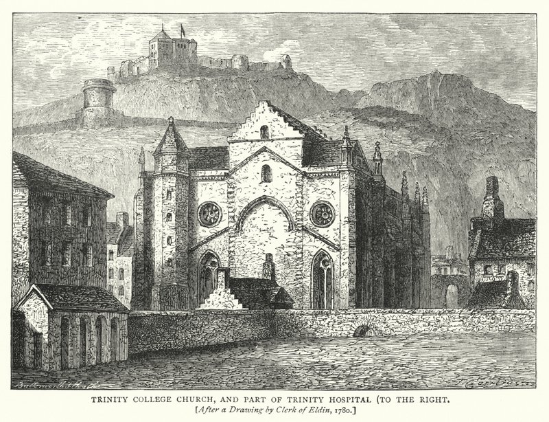 Trinity College Church, og en del af Trinity Hospital, til højre (gravering) af English School