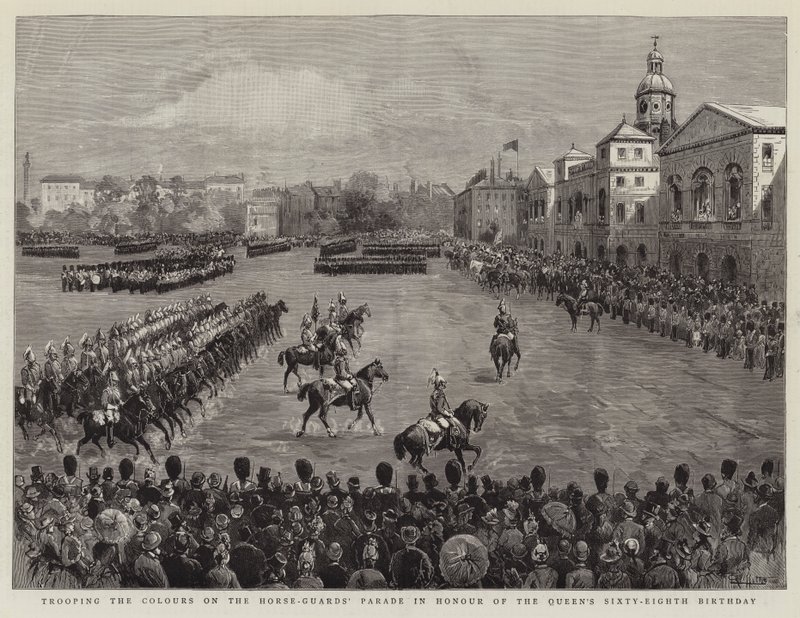 Trooping the Colors on the Horse-Guards"-parade til ære for dronningens otteogtres fødselsdag af English School