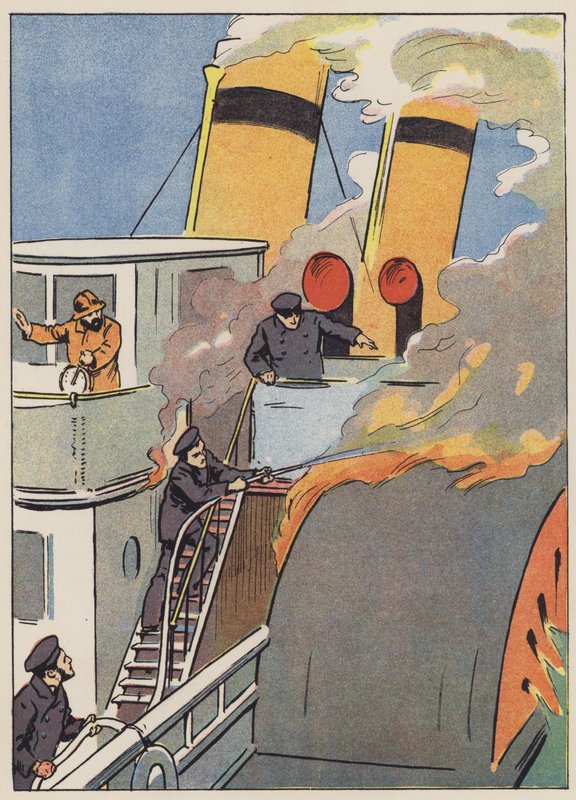 Forsøger at redde det brændende skib (farve litho) af English School