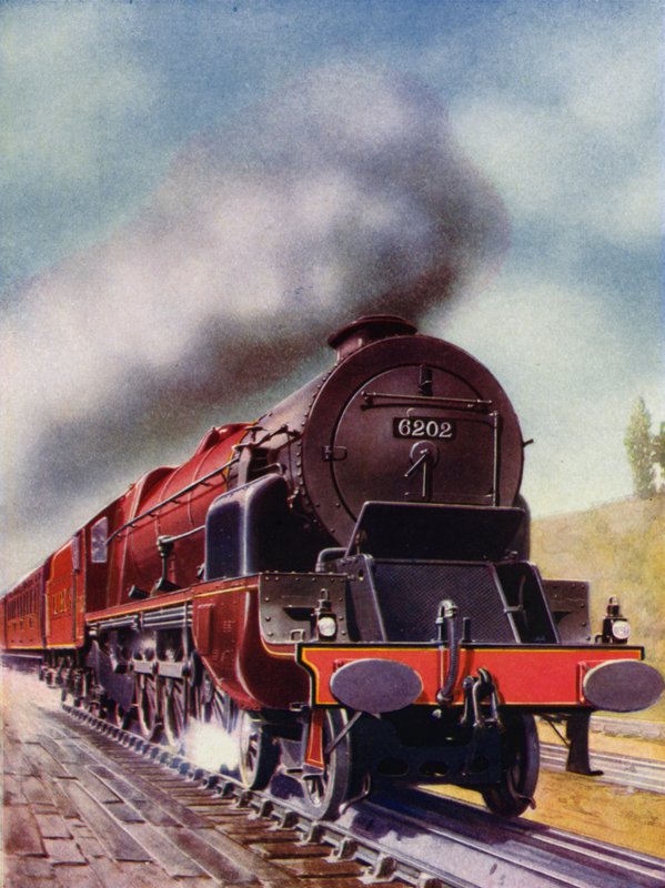Turbinedrevet 4-6-2 Pacific damplokomotiv fra London, Midland og Scottish Railway (farve litho) af English School