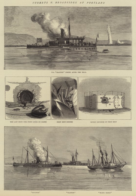 Turrets v Broadsides at Portland (gravering) af English School