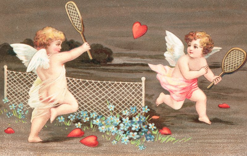 To keruber spiller tennis med et hjerte for en bold af English School