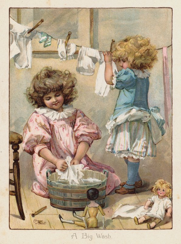 To små piger vasker deres dukketøj (chromolitho) af English School