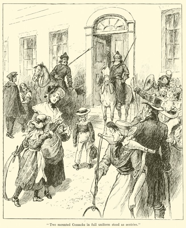 "To beredne kosakker i fuld uniform stod som vagtposter" (gravering) af English School