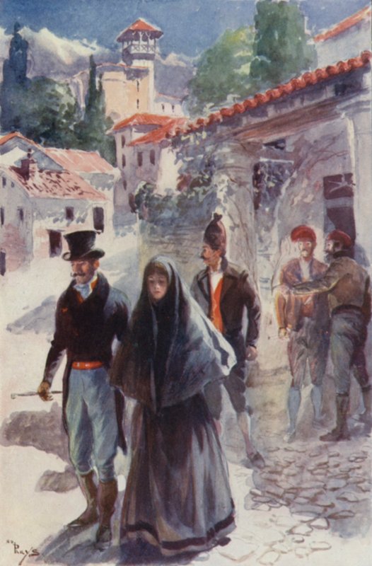 To eller tre unge mænd eskorterede Orso og hans søster til døren (farve litho) af English School