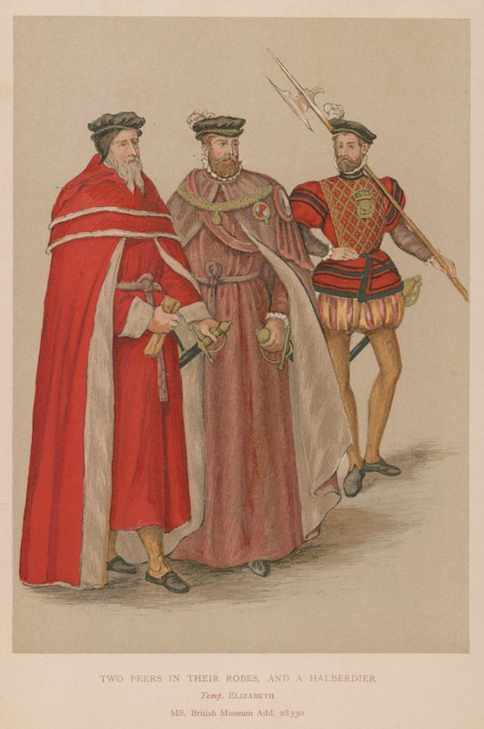 To jævnaldrende i deres klæder og en helleberdier i Elizabethan-æraen af English School
