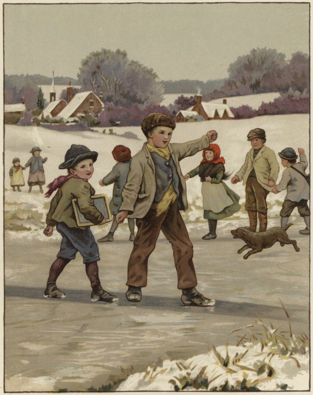 To unge drenge skøjter på en frossen sø af English School