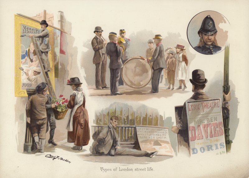 Typer af Londons gadeliv: plakatuddeler, blomstersælger, musikere, tigger, sandwichmand, politimand (chromolitho) af English School