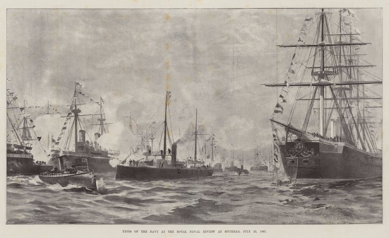 Typer af flåden ved Royal Naval Review i Spithead, 23. juli 1887 (litho) af English School