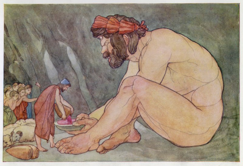 Ulysses giver vin til kykloperne (farve litho) af English School