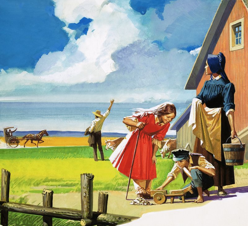 Uidentificeret amerikansk landlig scene med Quaker-familien af English School