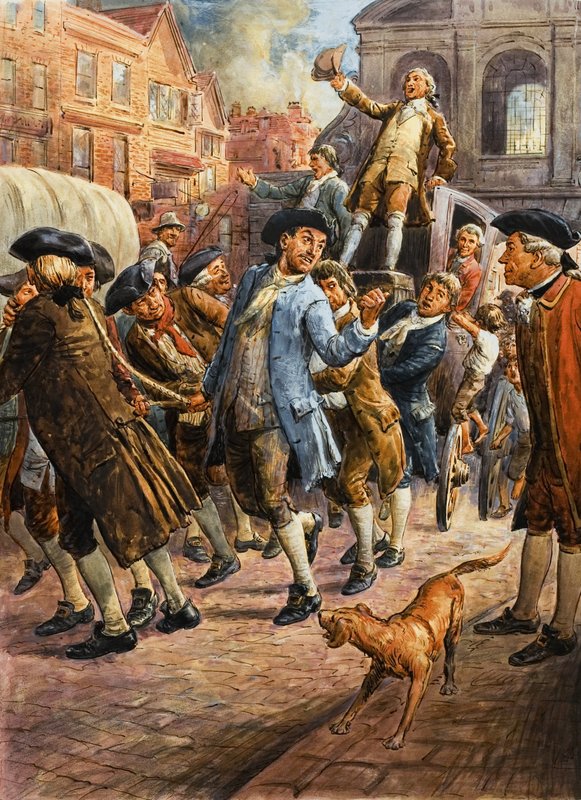 Uidentificeret scene med mand, der synger på vogn, der trækkes af andre af English School