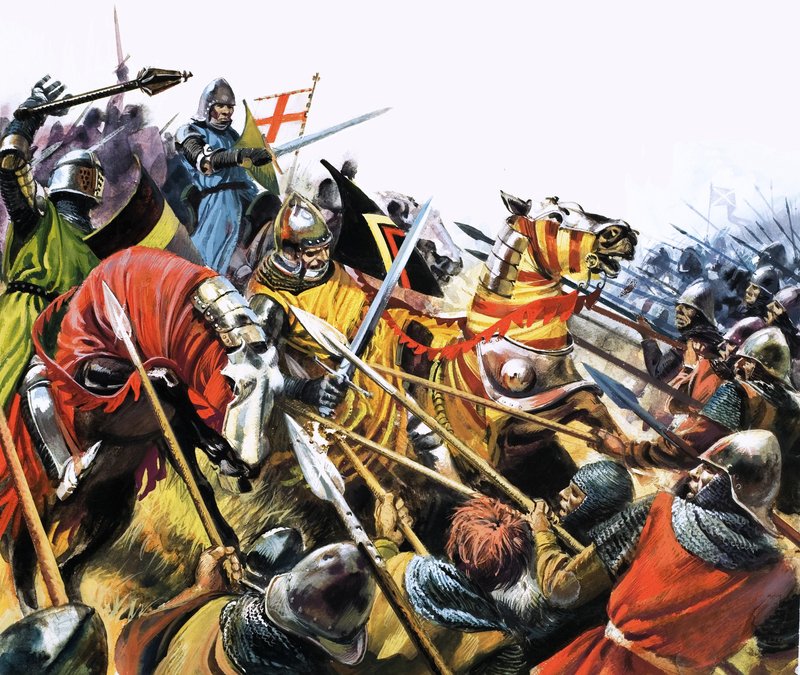 Uidentificeret kampscene med pansrede kavaleriheste mod fjender med spyd af English School