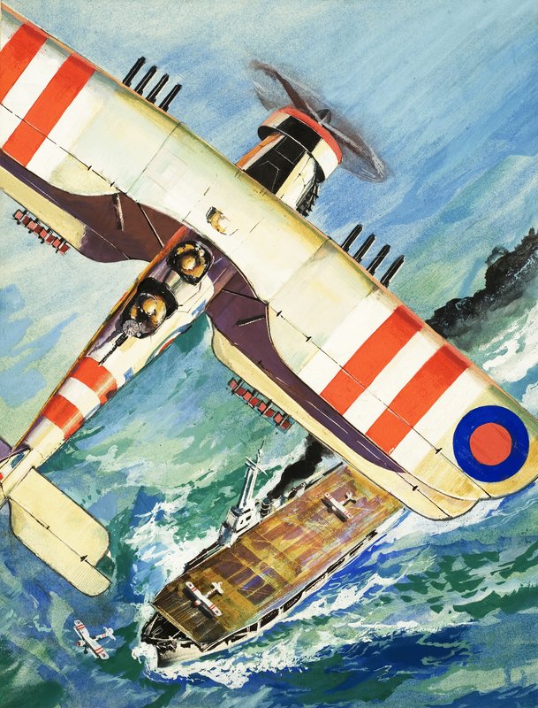 Uidentificeret bi-fly flyver over et hangarskib af English School
