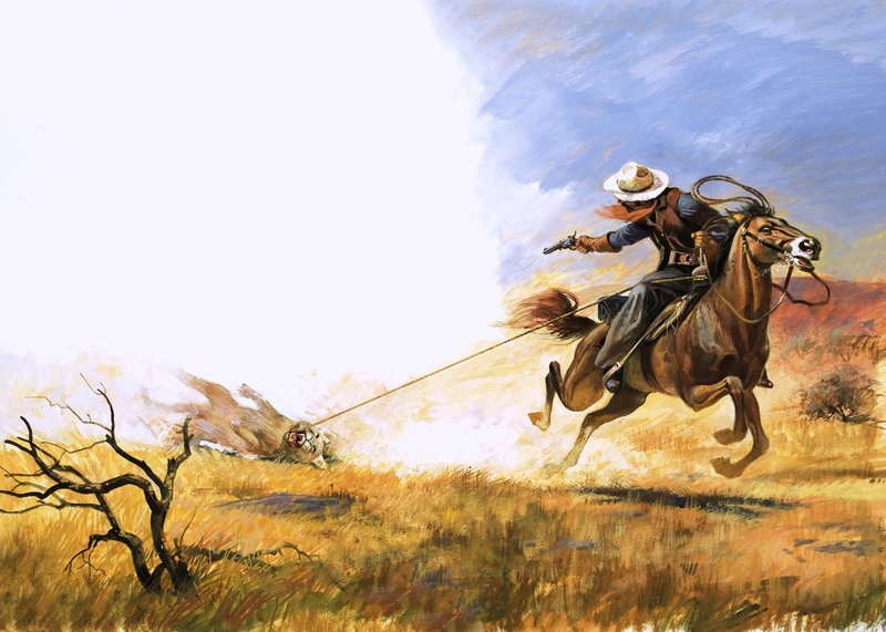Uidentificeret cowboy skyder på en bjergløve med lasso af English School