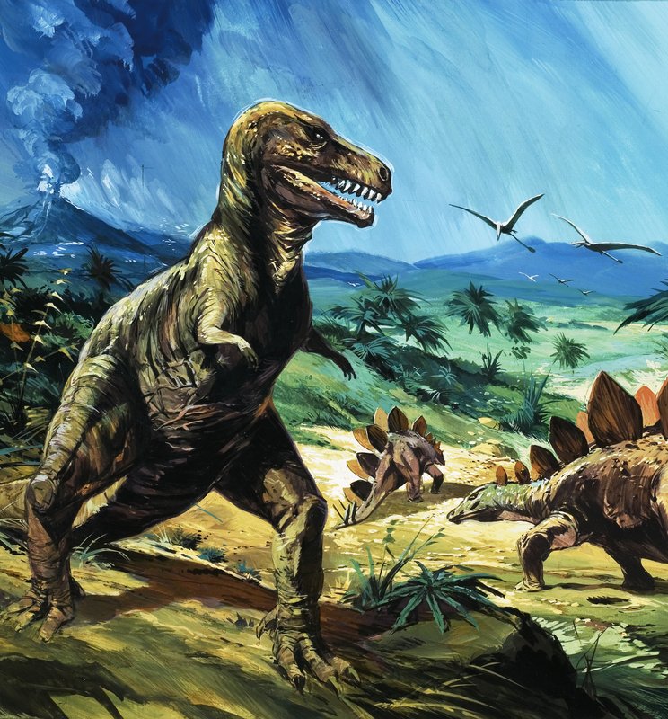 Uidentificeret dinosaurscene med T-Rex og Stegosaurus af English School