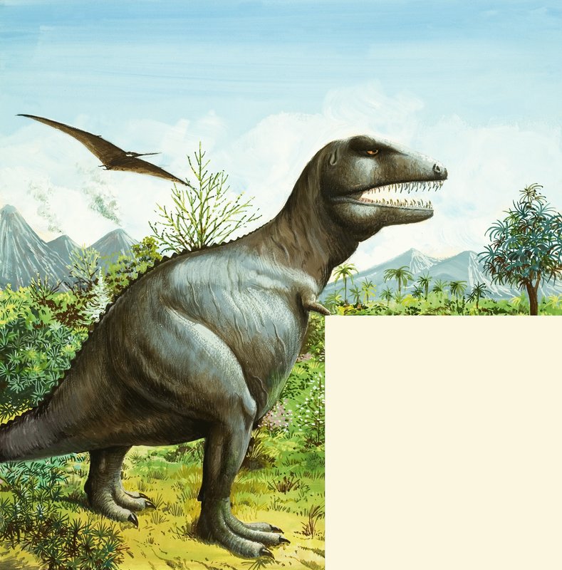 Uidentificeret dinosaurscene med T Rex og Pterodactyl af English School