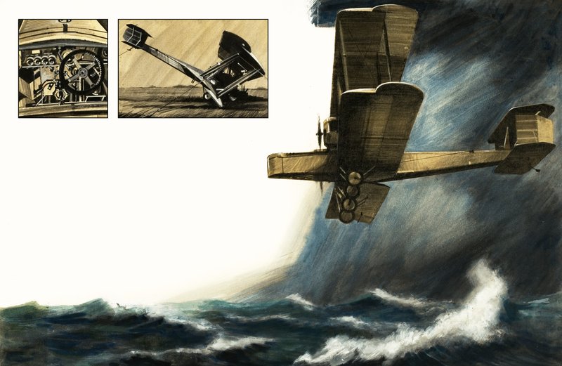 Uidentificeret tidlig biplan flyver over stormfulde hav af English School
