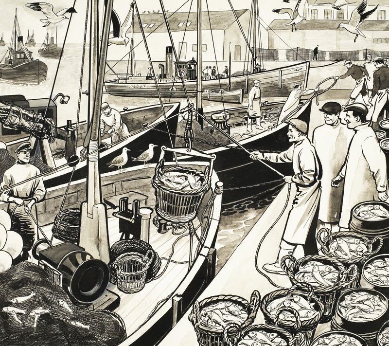 Uidentificeret fiskerihavn med fisk fra kajen af English School