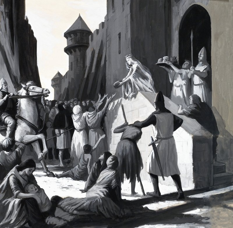 Uidentificeret dronning, der deler mad ud til de fattige af English School