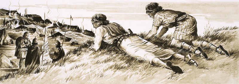 Uidentificeret scene af to mænd, der spionerer på romersk lejr af English School