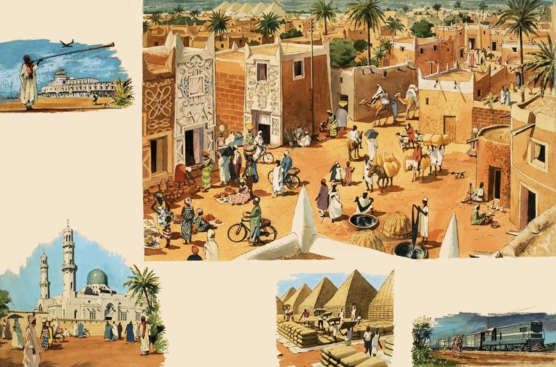 Uidentificerede scener fra Egypten, herunder det gamle Egypten og pyramider af English School