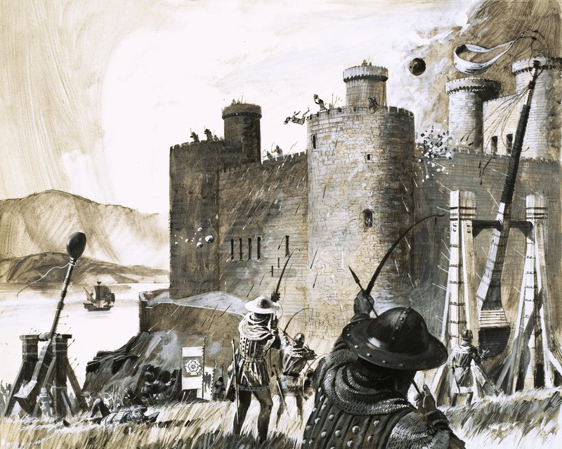 Uidentificeret belejring af et slot ved hjælp af en trebuchet af English School