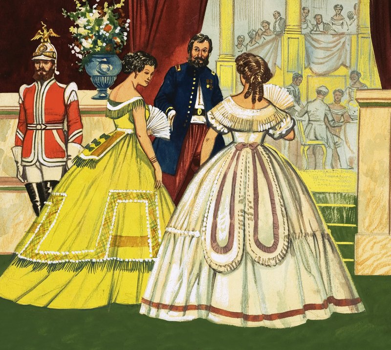 Uidentificerede kvinder i formelle kjoler, der deltager i en fest (1800-tallet) af English School