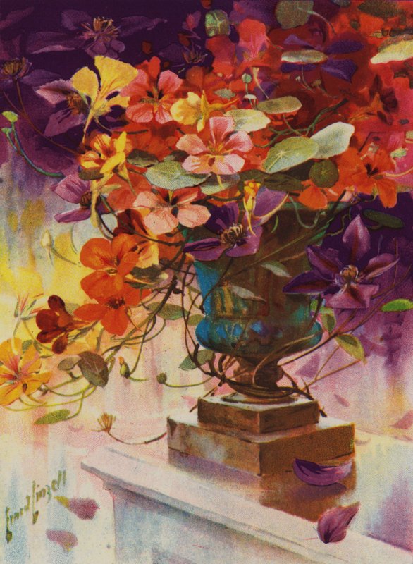 Urne fyldt med blomster (farve litho) af English School