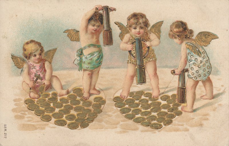 Valentine-kort, putti-stempling af hjerter af English School