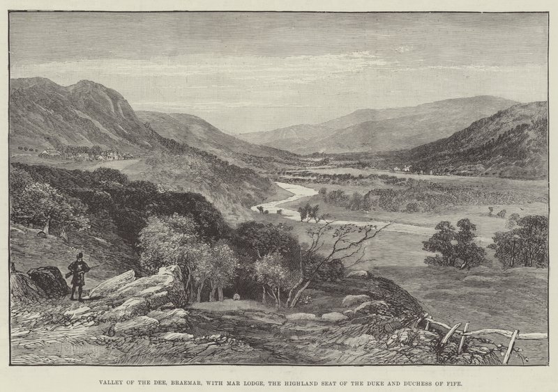 Valley of the Dee, Braemar, med Mar Lodge, højlandssædet for hertugen og hertuginden af Fife (gravering) af English School