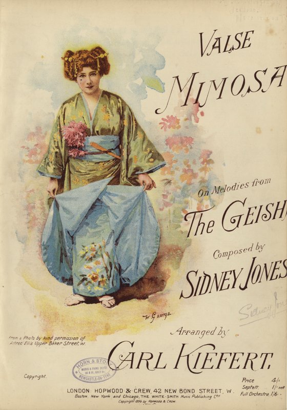 Valse Mimosa, på melodier fra Geisha, komponeret af Sidney Jones og arrangeret af Carl Kiefert (Color Litho) af English School