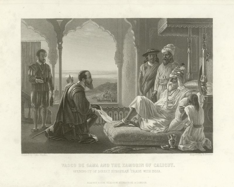 Vasco da Gama og Zamorin fra Calicut, 1498 af English School