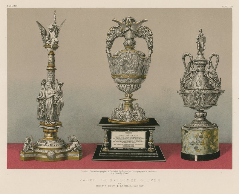 Vaser i oxideret sølv af Hunt and Roskell, London (chromolitho) af English School