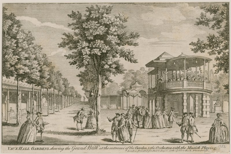 Vauxhall Gardens, London, der viser Grand Walk ved indgangen til haven og The Orchestra, hvor musikken spiller af English School