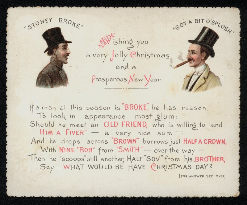 Vers, der råder mænd, der er knuste til at opsøge deres rige venner i julen for at låne nogle penge, lykønskningskort. (chromolitho) af English School