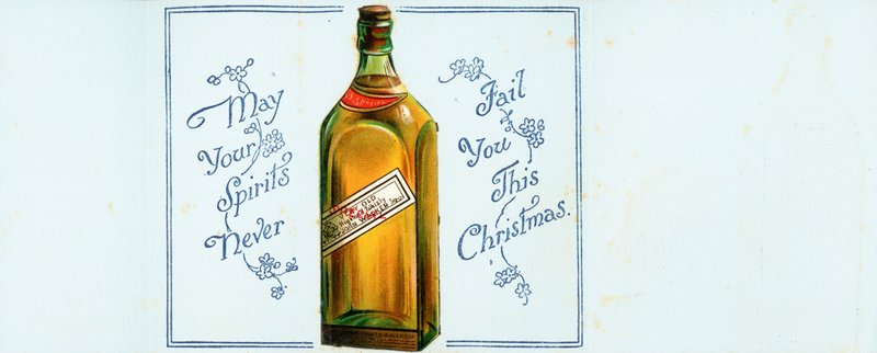 Meget gammel højland whiskyflaske, julekort af English School