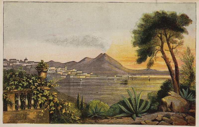 Vesuv og Napoli-bugten, Italien (farvet gravering) af English School
