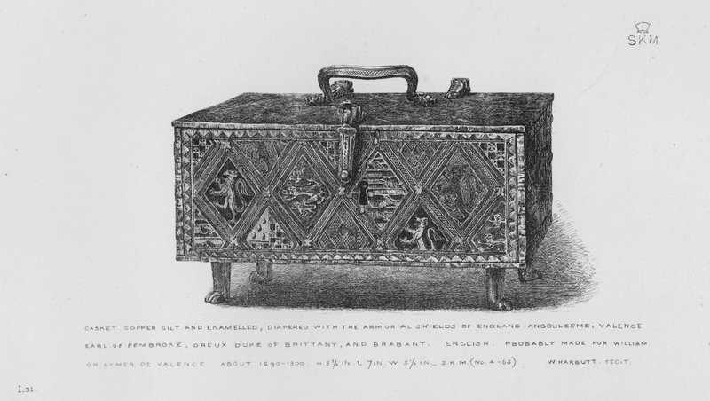 Victoria And Albert Museum: Skrin, forgyldt og emaljeret i kobber, beklædt med Armorial Shields of England, Angoulesme, Valence, Earl of Pembroke, Dreux Duke of Bretagne og Brabant, engelsk, sandsynligvis lavet til William eller Aymer de Valence, omkring 1 af English School