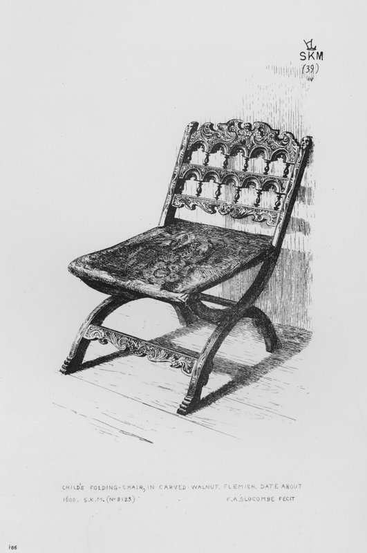 Victoria And Albert Museum: Barnefoldestol, i udskåret valnød, flamsk, dateret omkring 1600 (gravering) af English School