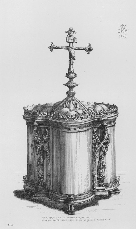 Victoria And Albert Museum: Chrismatory i pakkeforgyldt sølv, tysk, dateret omkring 1490 (gravering) af English School