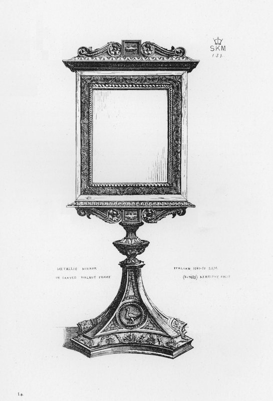 Victoria And Albert Museum: Metallisk spejl i udskåret valnødramme, italiensk af English School